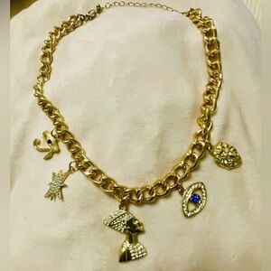 Gold Egyptian Charm Necklace with Blue Accent